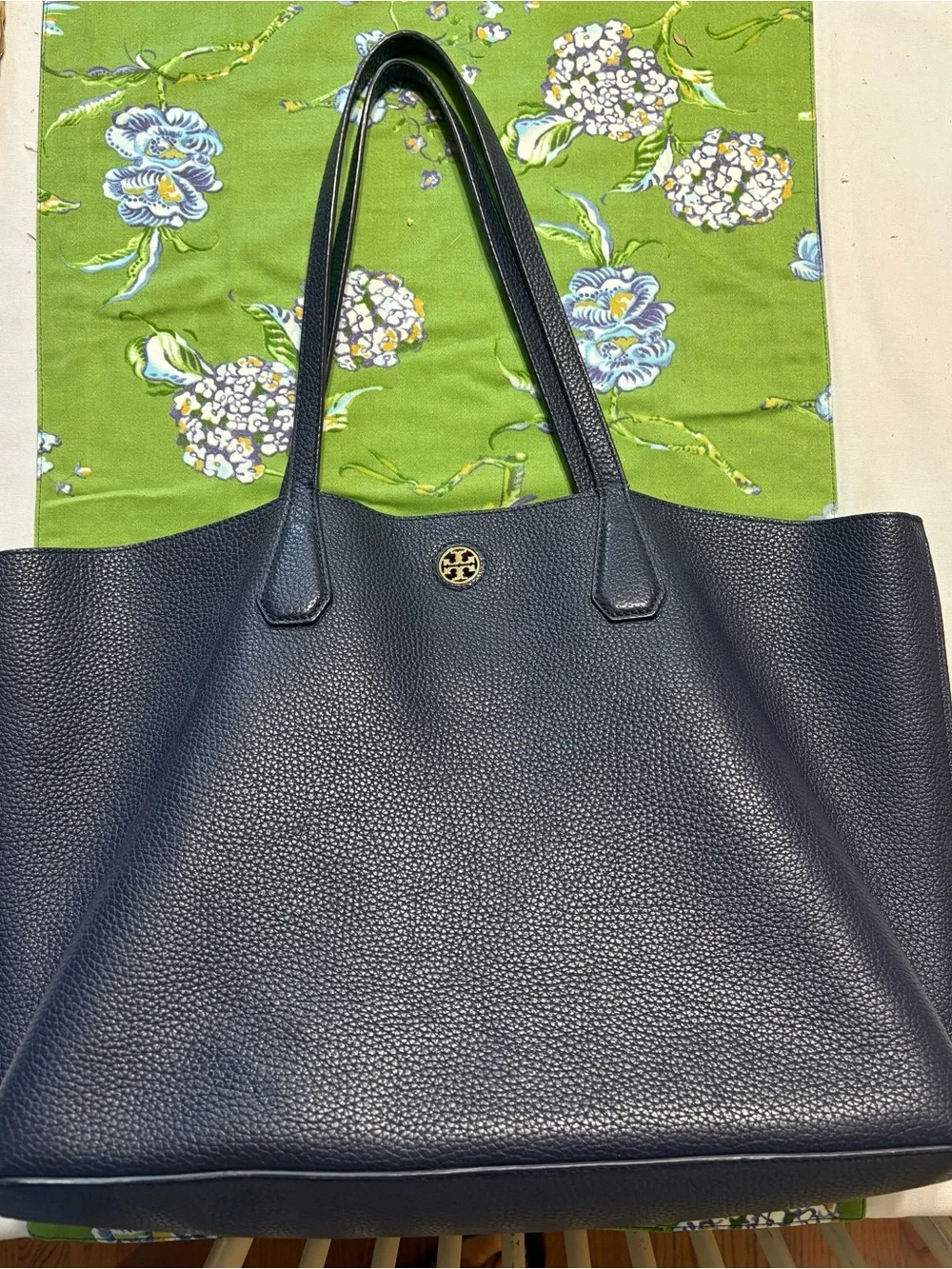 Tory Burch navy Pebbled Leather Tote with Logo Medallion  17x11” bottom is 6”